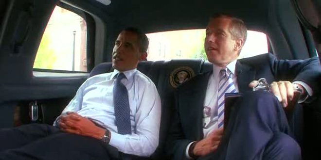 President Obama Brian Williams limo limousine riding together car backseat Presidential motorcade gives some sage advice lie lies lied lying liar Iraq helicopter dishonest truth trust NBC Nightly News veteran anchor